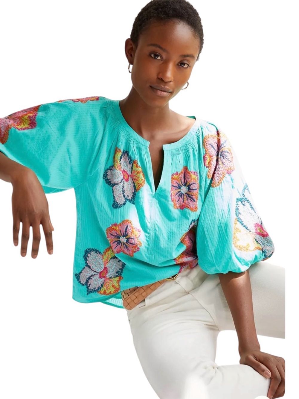Maeve Anthropologie Floral Embroidered Teal Peasant Blouse small boho hippie